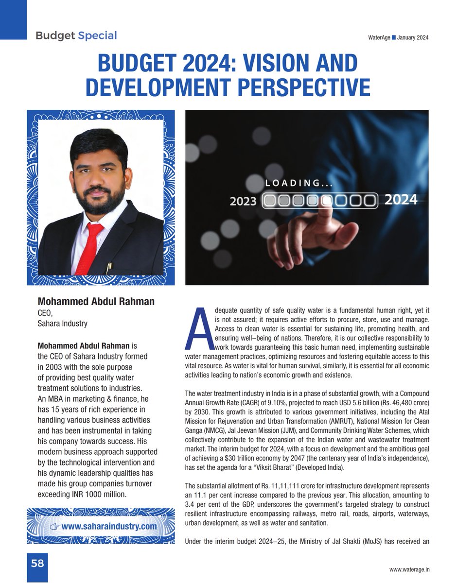 2024-25 interim Budget highlights government's strategic focus on revitalizing infrastructure development. A detailed analysis by Abdul Rahman Mohammed, CEO, @SaharaIndustry in Water Age. #budget #budget2024 #unionbudget #water #watermanagement #waterindustry #waterfiltration