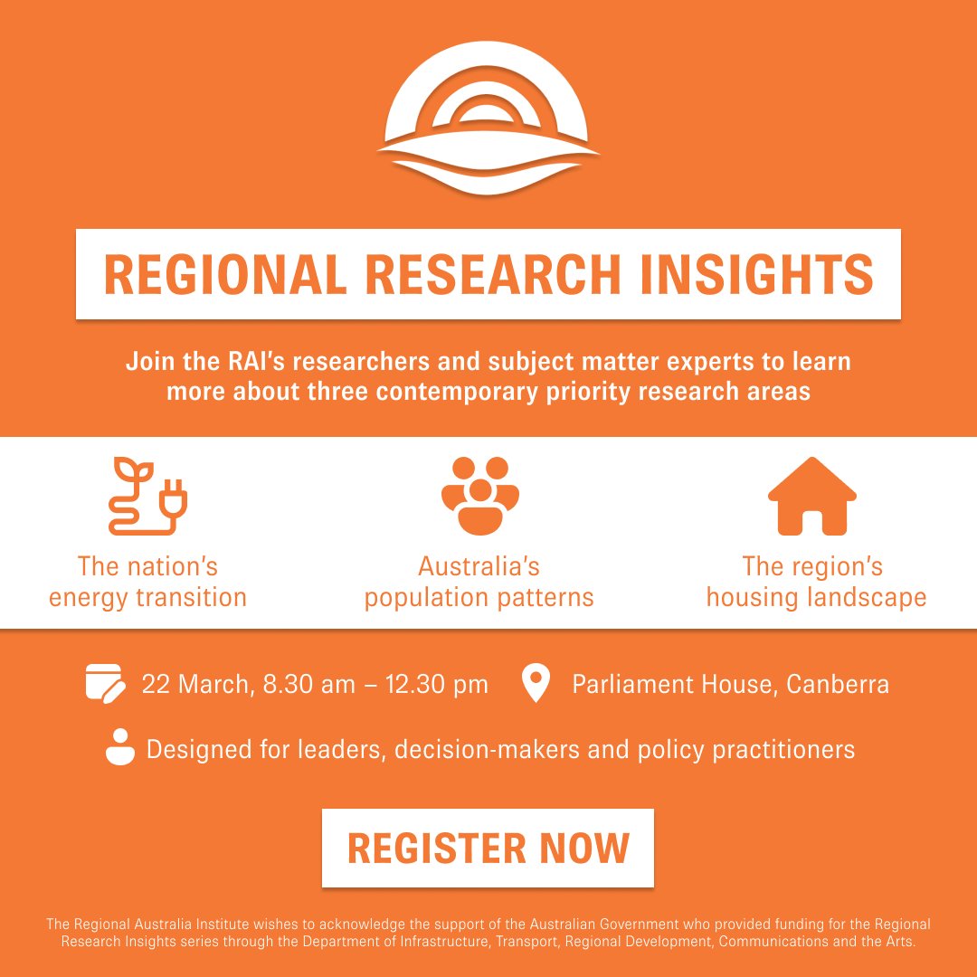 Join us at the Regional Research Insights event! Explore crucial research areas shaping the future of #RegionalAustralia. 📆 22 March, 8.30 am – 12.30 pm (lunch included) 📍 Parliament House, Canberra 🆓 Attendance is FREE! Register now! 🔗regionalaustralia.org.au/Regional_Resea…