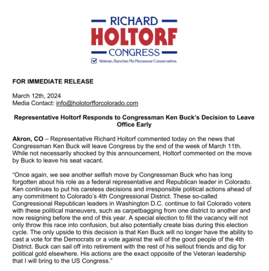 If there was any doubt that the CD4 special election is good news for establishment favorite Jerry Sonnenberg and bad news for Lauren Boebert and everyone else: here's state Rep. Richard Holtorf slamming Buck's 'selfish move' to 'create bias during this election cycle.'