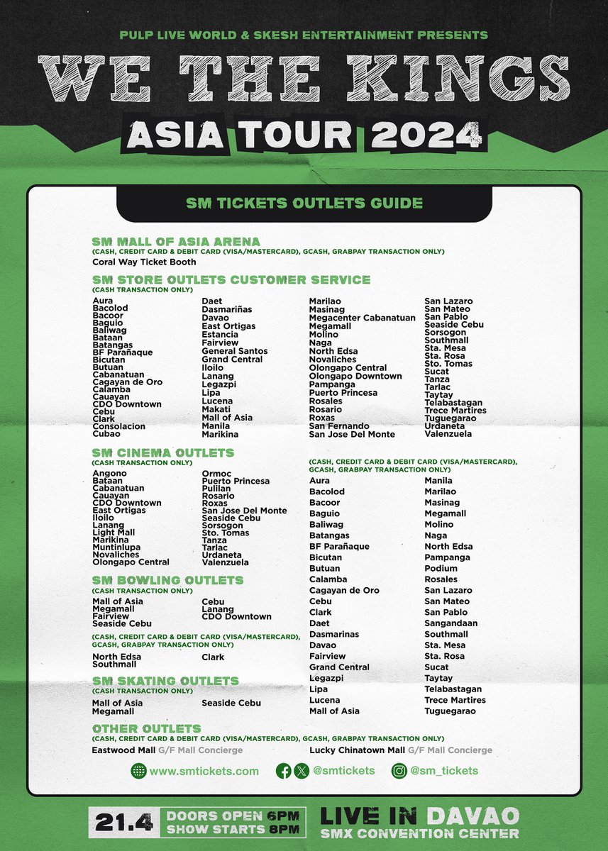 Come on, let's ride to the timeless songs of @WeTheKings! 🤘 From their iconic hits to their latest jams, get ready to sing your heart on April 21, 2024, at the SMX Convention Center Davao. But before you grab your spot, check out our Ticketing FAQs for all the deets! 😉…