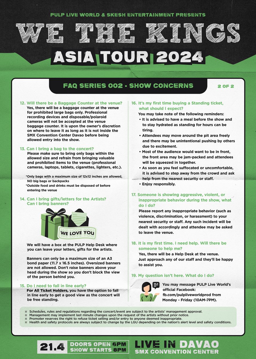 We understand if you've got some questions about #WETHEKINGSinDAVAO. No worries, leave it to us to provide all the info you need. 🤗 Here are some FAQs to ease your mind before you rock out with @WeTheKings on April 21, 2024, at the SMX Convention Center Davao. Still have…