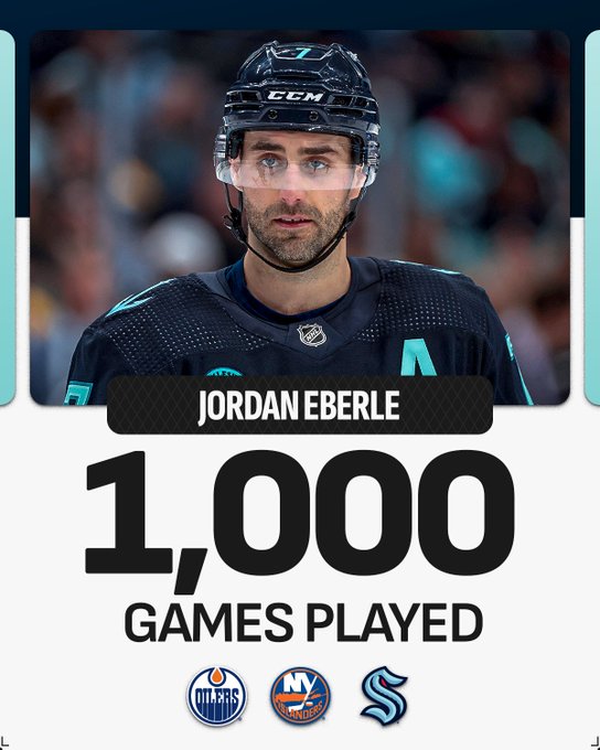 Top: A photo of Jordan Eberle on ice in a Kraken uniform. 

Middle: White text on a black rectangle that reads, "Jordan Eberle". 

Bottom: Black text on a white background that reads, "1,000 games played". The Edmonton Oilers, New York Islanders, and Seattle Kraken logos are below this. 