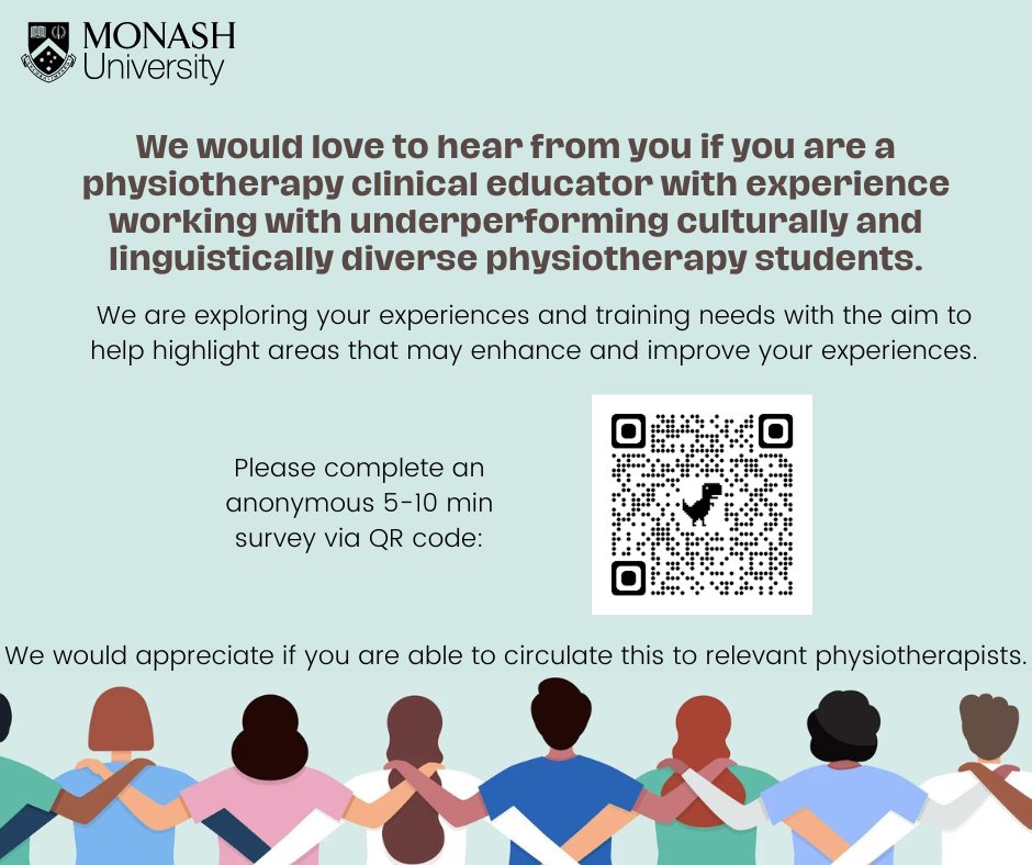 Are you a clinical placement #educator that supervises culturally and linguistically diverse #physiotherapy students in Australia? If so, we would love to hear from you in this 10min survey! 👇monash.az1.qualtrics.com/jfe/form/SV_do…