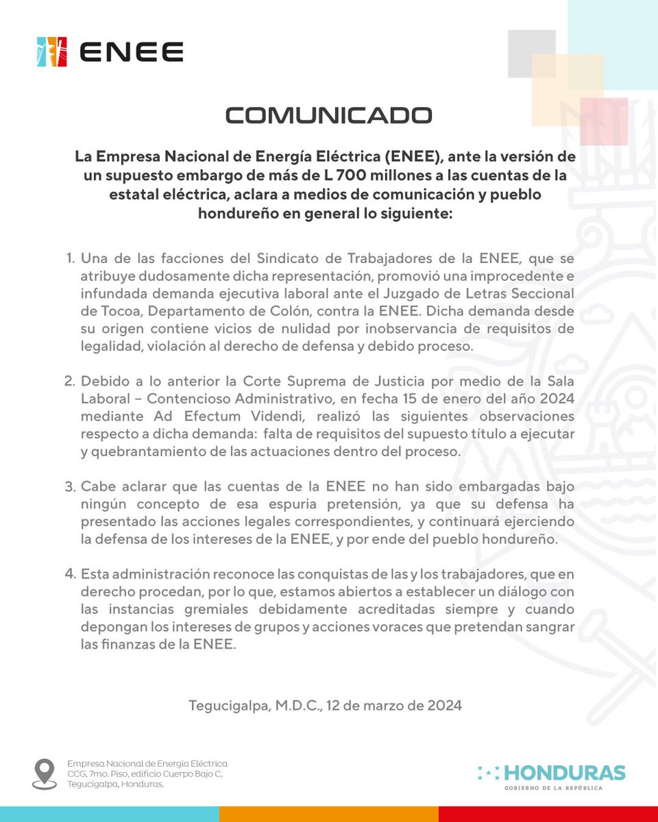 EneeHnOficial's tweet image. #Comunicado | La Empresa Nacional de Energía Eléctrica comunica lo siguiente:
