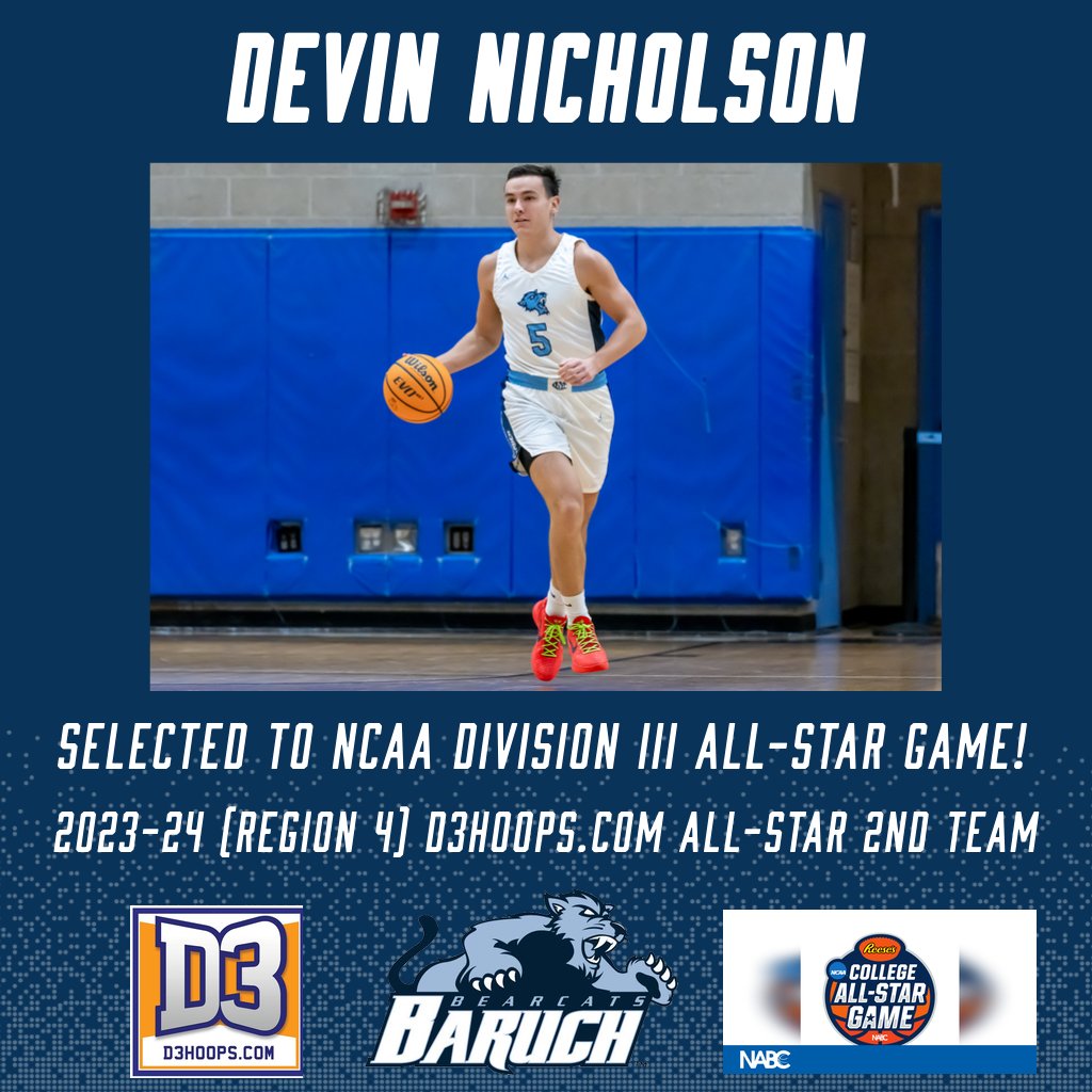 Big week for Devin! He was voted a D3Hoops.com All-Star and was selected by the @NABC1927 to the 2024 Reese's National Division III All-Star Game this weekend in Fort Wayne, Indiana. Congratulations Devin! #BaruchBasketball #BearcatsWin #D3hoops 🏀🏆👏