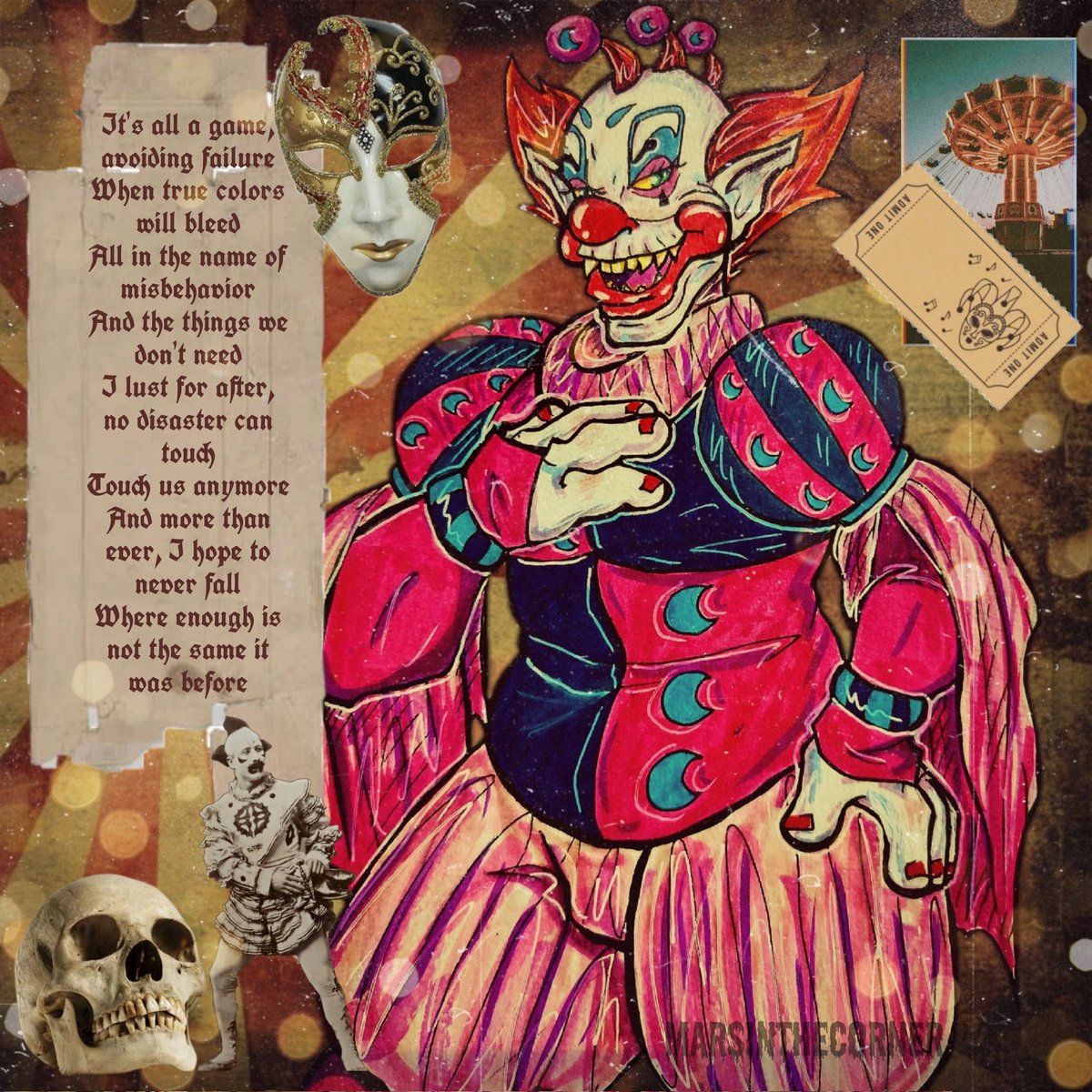 MarsintheCorner's tweet photo. An idea I had! What if the classic jester, harlequin, and Venetian masquerade costumes are formal wear for Klowns?! So imagine going on a fancy outing or party with your Klown SO, then pull THIS outfit out! #myart #killerklownsfromouterspace #kkfos #killerklowns #slim #kkfosslim https://t.co/z36TJOJ3MR