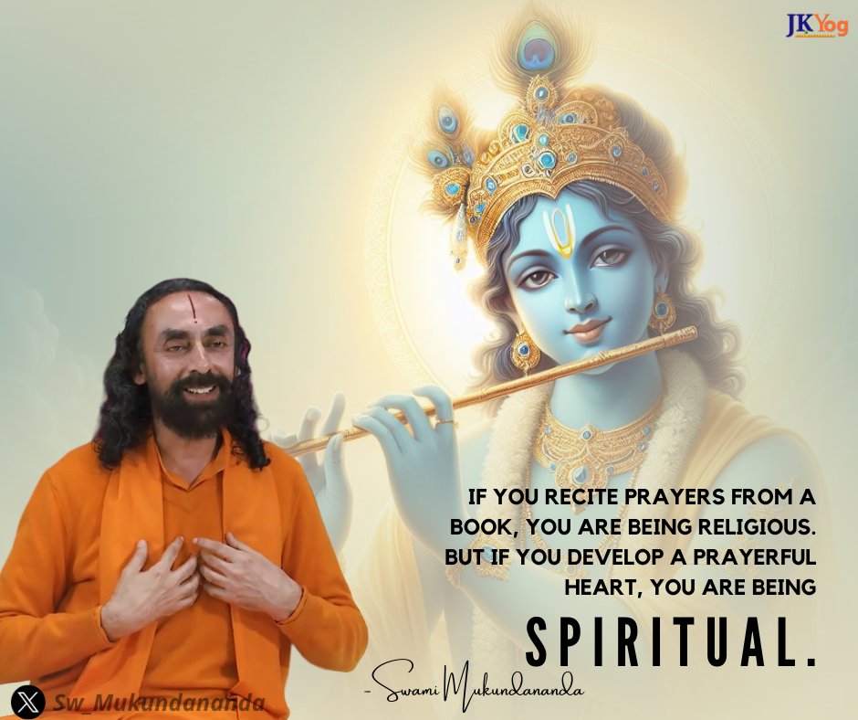 Sw_Mukundananda's tweet image. If you recite prayers from a book, you are being religious. But if you develop a prayerful heart, you are being spiritual.
#SwamiMukundanandaQuotes #Spirituality #Religiosity