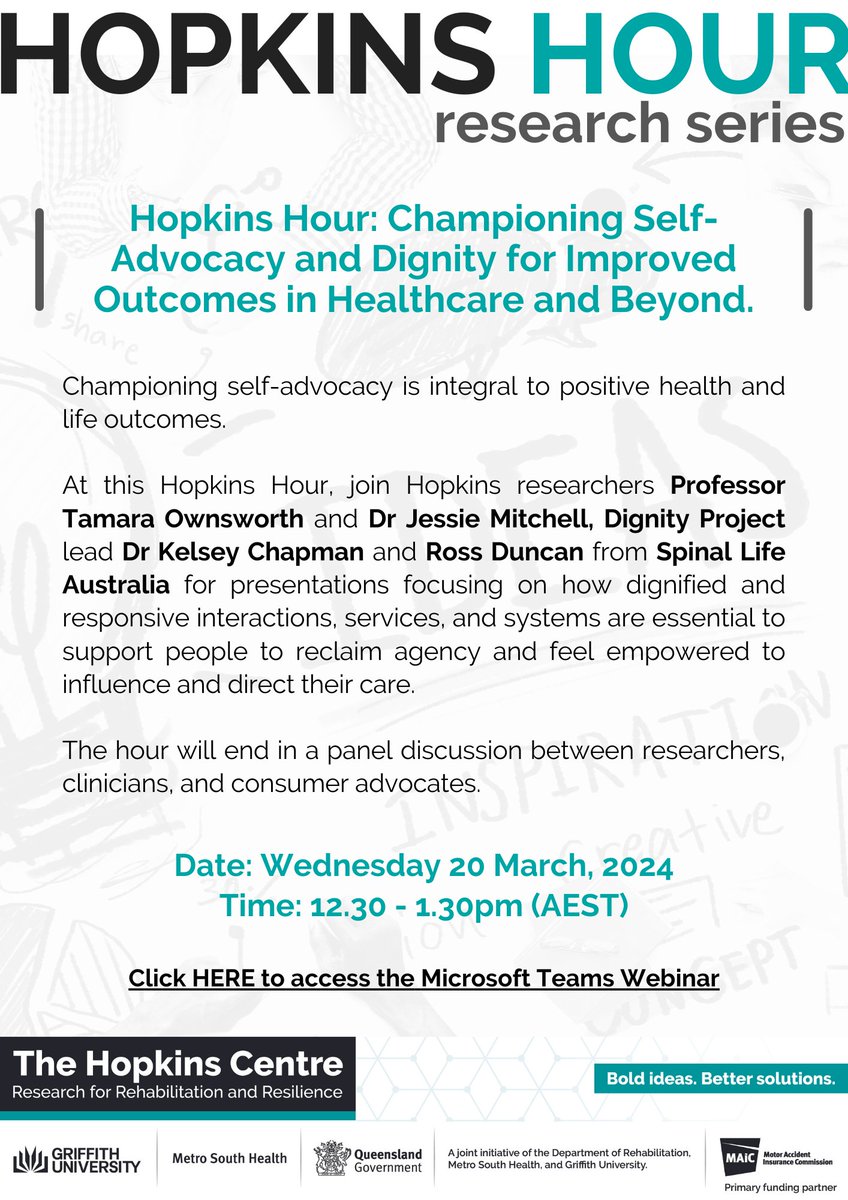 *REMINDER: Join us next week for Hopkins Hour: Championing self-advocacy and dignity for improved outcomes in healthcare and beyond* For more info, add to your calendar & join: tinyurl.com/zac2zzeb #SelfAdvocacy #HopkinsHour #DisabilityResearch #RehabilitationResearch