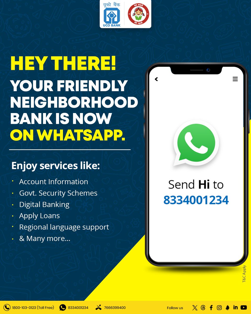 Simplify your #Banking experience with #WhatsApp! 💼💬 Explore secure #Transactions and more. #BankSmart #TechFinance #UCOTURNS81 #81YearsOfTrust #WhatsAppBanking