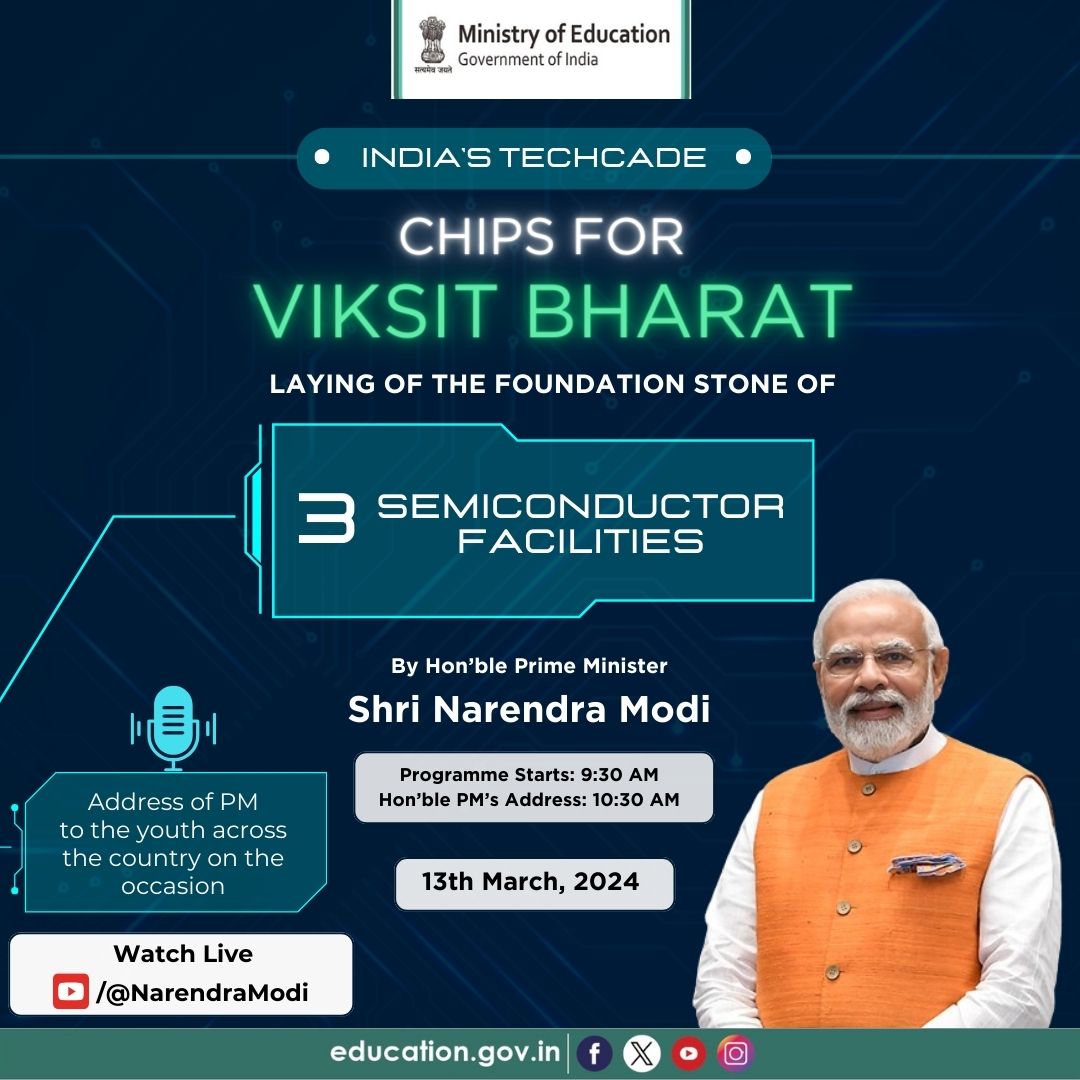 Hon’ble Prime Minister, Shri @narendramodi, will address the youth nationwide today at 10:30 AM, marking the laying of the foundation stone for three semiconductor facilities. This initiative aims to nurture the growth of semiconductor and display manufacturing ecosystems in…