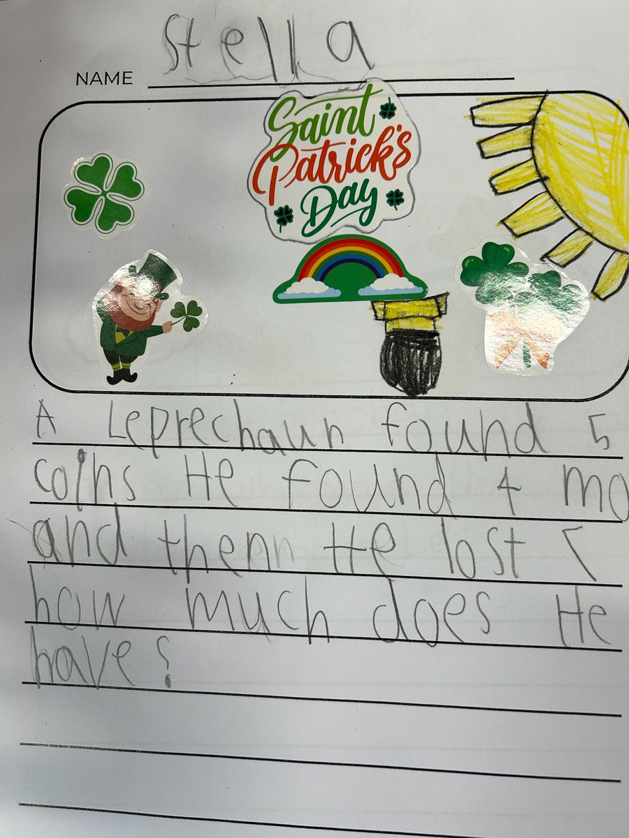 We are lucky🍀 to have such wonderful parent volunteers at <a href="/PboroElementary/">Pittsboro Elementary</a>.  Check out the St. Patrick's day themed story problems #OurPES Pandas wrote with them!