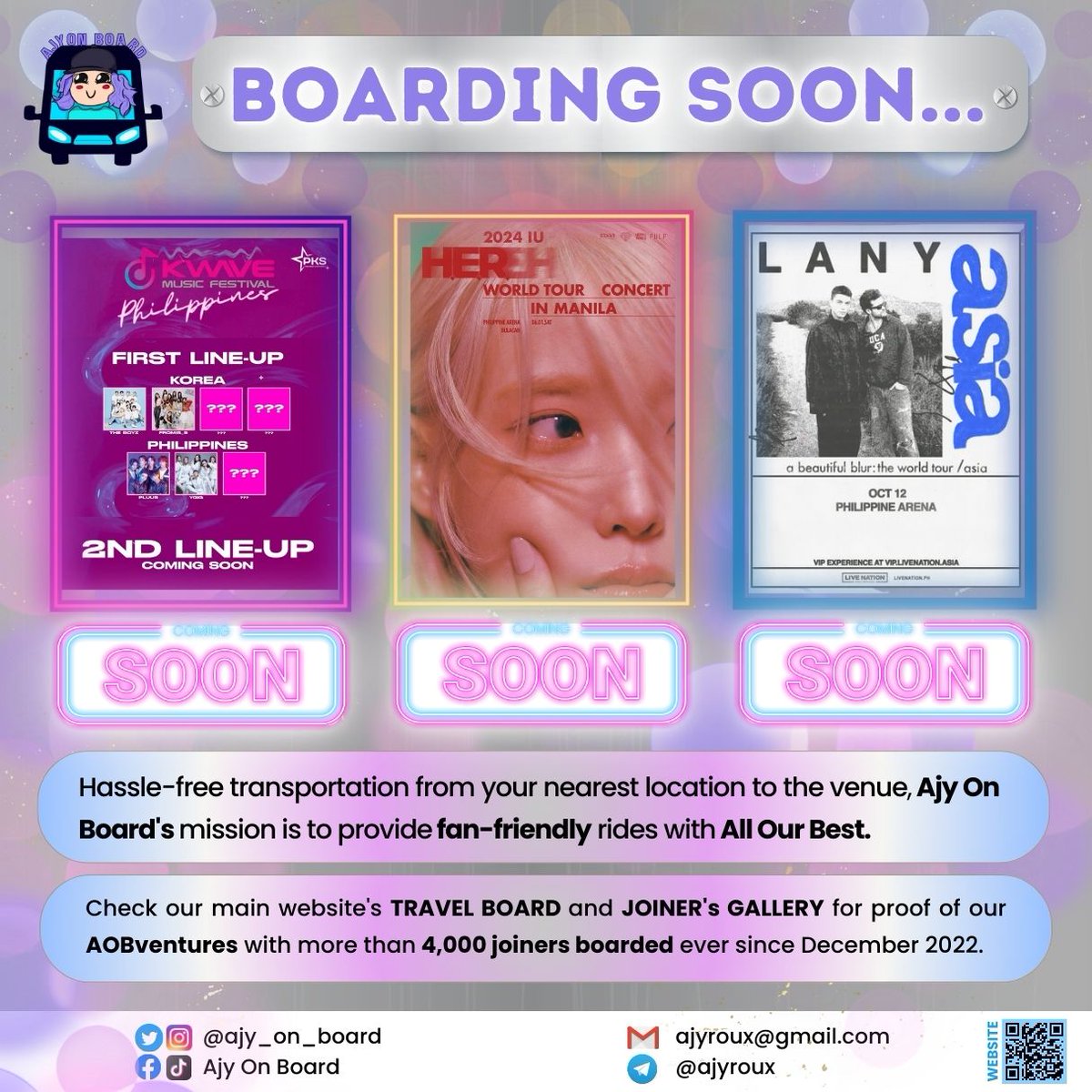 AJY is already excited for the AOBVENTURES of 2024!🚐 Initial details for AOB's BOARDING SOON transpo events have been curated and REGISTRATION PERIOD has been scheduled.📰 Shall I see you aboard?🫡 #AjyOnBoard #HER_World_Tour #LANYabeautifulblurPH #KWAVEPH