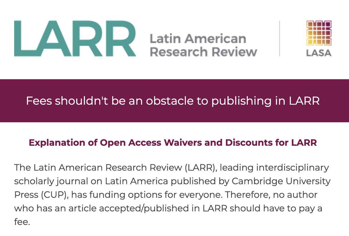 🖊️Tasas no deben ser un obstáculo para publicar en LARR @LASACONGRESS Te invitamos a explorar las opciones de financiación de acceso abierto disponibles y te animamos a que no dejes de enviar tu trabajo por razones económicas. lasaweb.org/es/news/open-a…