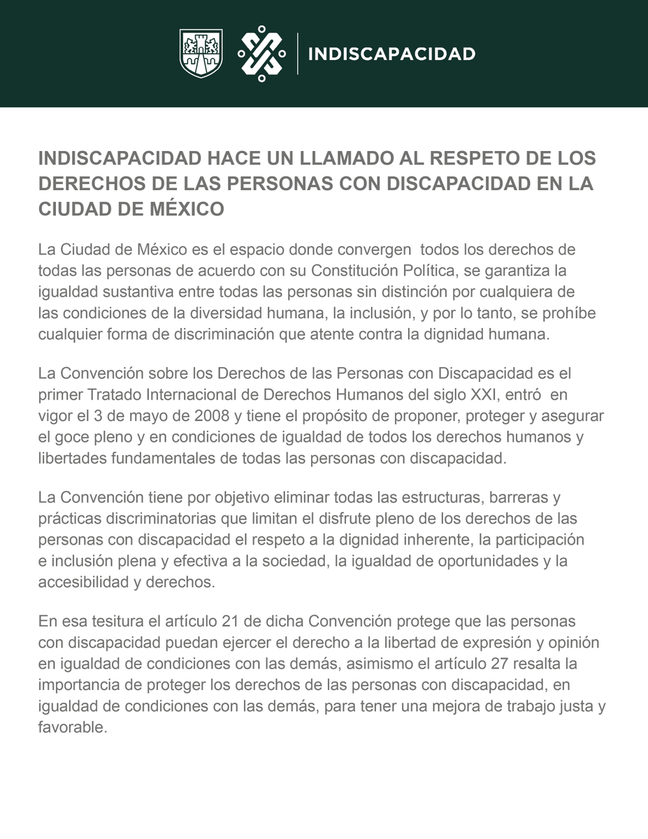 indiscapacidad_'s tweet photo. El @indiscapacidad_ hace un llamado al respeto de los #Derechos de las #PcD en la CDMX. En pro de seguir construyendo una Ciudad Igualitaria y de Derechos, debemos respetar los Derechos de todas las personas. Consulta en: https://t.co/oKaF3rzcBX https://t.co/Mj0dXLfzoq