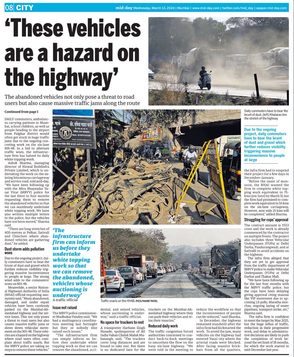 DiwakarSharmaa's tweet photo. Now, #khatara are slowing down white topping work on Mum-Ahd highway. #NHAI says the abandoned vehicles are a #hazard on the #highway.
Transporters say there is no space for truckers to rest on the highway.
Daily commuters have to bear the brunt of dust and gravel. #Pollution https://t.co/xoyx1DxcG5
