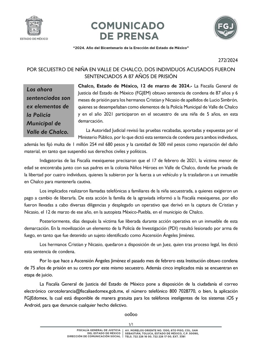 FiscaliaEdomex's tweet photo. #Sentenciados. La #FiscalíaEdoméx obtuvo sentencia de condena de 87 años y 6 meses de prisión para los hermanos Cristian y Nicasio de apellidos de Lucio Simbrón, quienes se desempeñaban como elementos de la Policía Municipal de Valle de Chalco y en el año 2021 participaron en el secuestro de una niña de 5 años.

* El 17 de febrero de 2021 la víctima menor de edad se encontraba junto con sus padres en la colonia Niños Héroes en #Valle de Chalco, donde fue privada de la libertad por cuatro individuos, quienes la subieron por la fuerza a un vehículo y la trasladaron a un inmueble en el municipio de Chalco para mantenerla cautiva. 
* Días después la víctima fue rescatada mediante acción operativa de esta Institución. 

https://t.co/AcMpbmbz3q