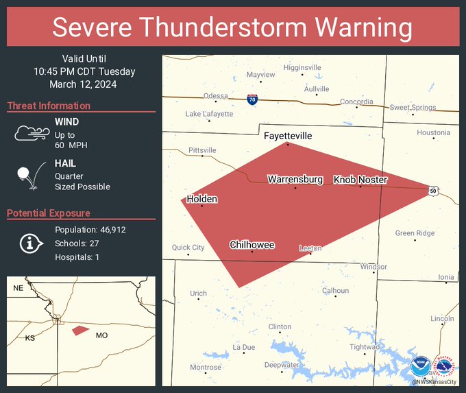 This graphic displays a severe thunderstorm warning plotted on a map. The warning is in effect until 10:45 PM CDT. The warning includes Warrensburg MO, Knob Noster MO and Whiteman Air Force Base MO.  This warning is for North central Henry County in west central Missouri, West central Pettis County in central Missouri and Central Johnson County in west central Missouri. The threats associated with this warning are wind gusts up to 60 MPH and quarter sized hail. There are 46,912 people in the warning along with 27 schools and 1 hospital.