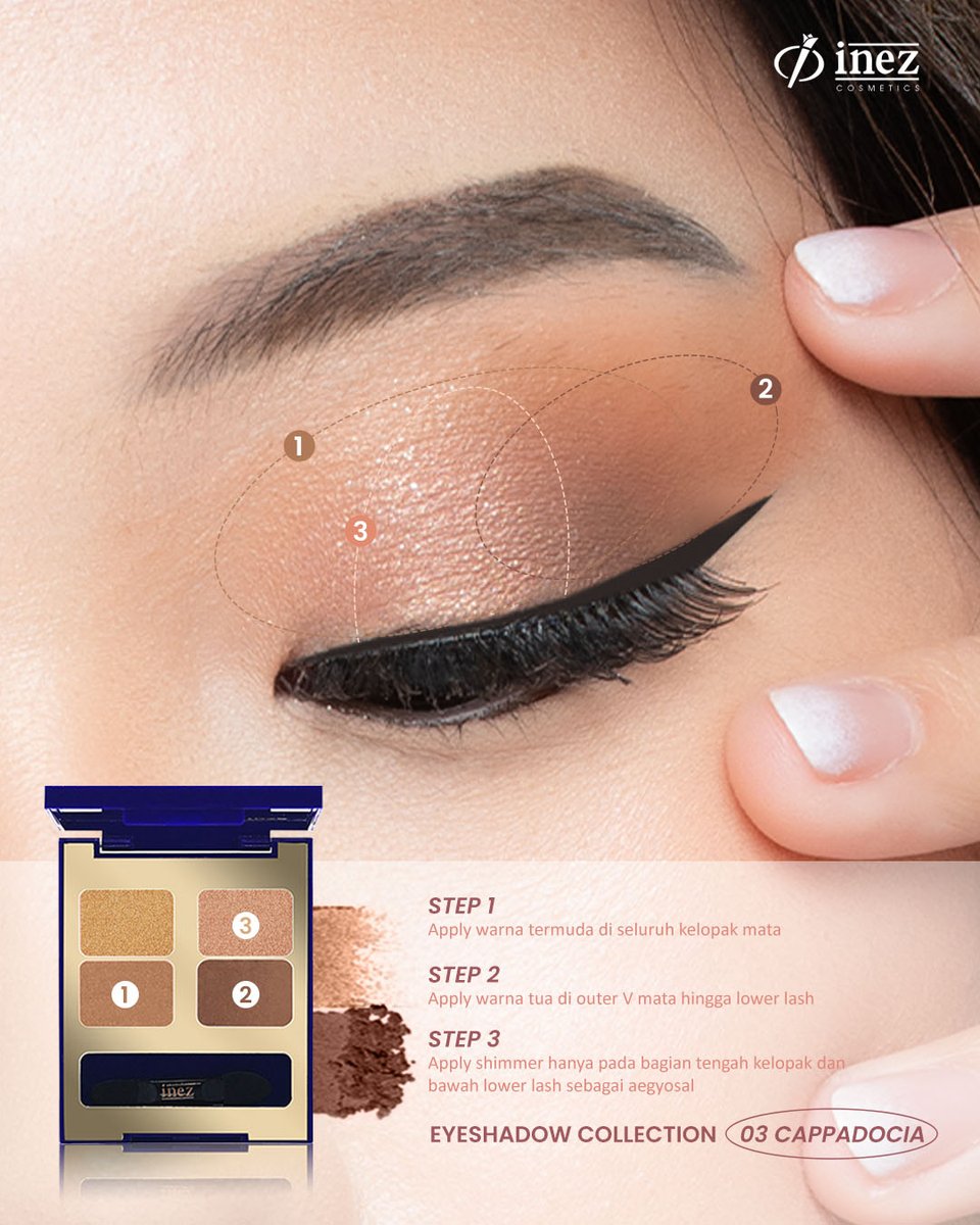 Cara simpel pakai eyeshadow dengan hasil sempurna, let's swipe! Product in  frame: Eyeshadow Collection - Cappadocia #INEZcosmetics #FeelTheColor  #ShadeOfLove, image size:960x1200