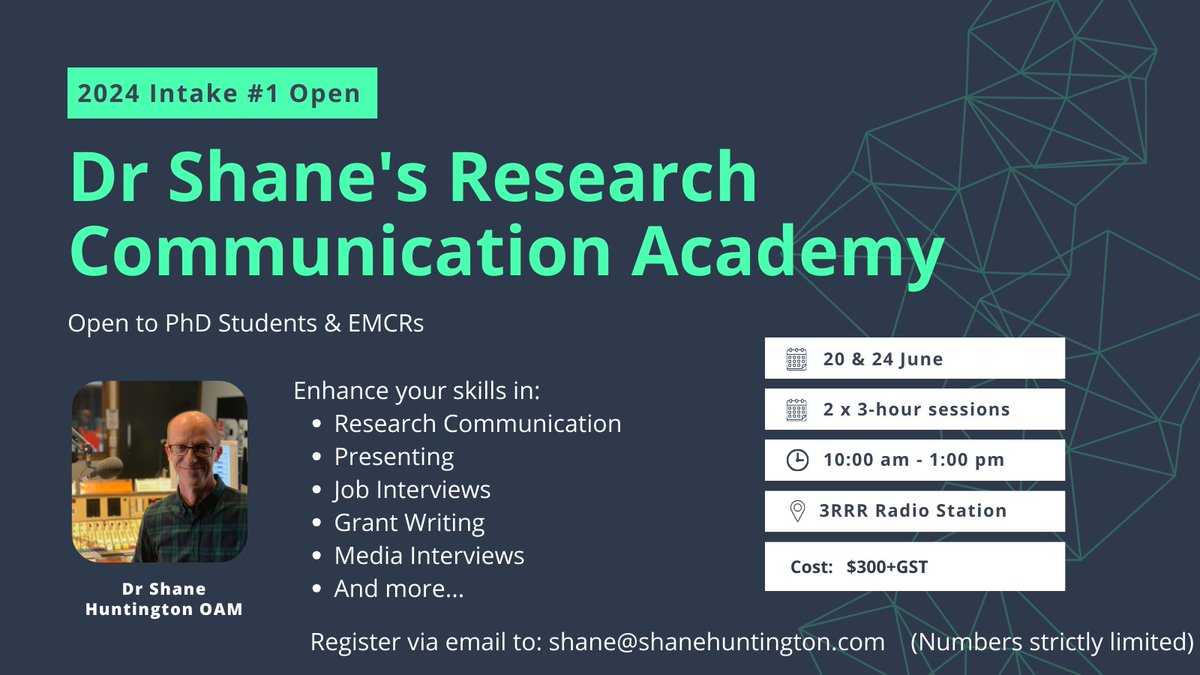 RESEARCH ANNOUNCEMENT: PhDs & EMCRs you are invited to take part in a program to enhance your communication skills. This is the 2nd Research Communication Academy I am running, the first for 2024. Details below! Places strictly limited. #phdlife #AcademicTwitter…