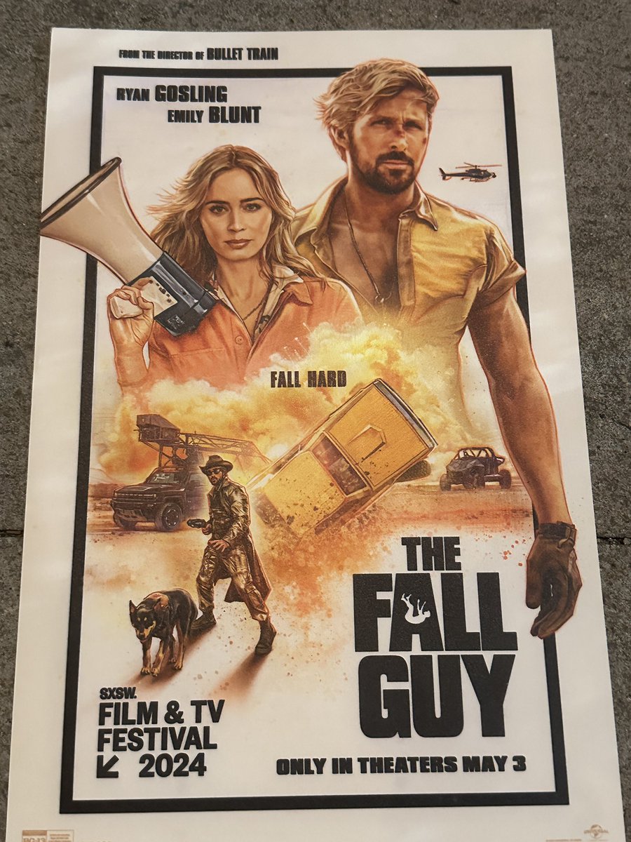 colliderfrosty's tweet photo. Here’s the cool poster @UniversalPics is giving away tonight at #TheFallGuy premiere. It’s thick paper but not screenprinted. It’s very cool for a free giveaway. 

I’m at the party for the film and they have a bunch but I’ll never get them back to Los Angeles without ruining it. https://t.co/JlHVqVd5qW