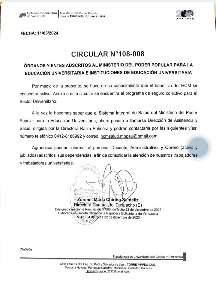 #IMPORTANTE información de interés para el personal  de la <a href="/UCarabobo/">Universidad de Carabobo</a> Se encuentra activo Seguro colectivo para el sector universitario de HCM, a través de la Dirección de asistencia y salud del <a href="/mppeduniv/">@MPPEDUNIV</a> 
Contactos: Raiza Palmera, 0412-8180992 y hcmsalud.mppeu@gmail.com
