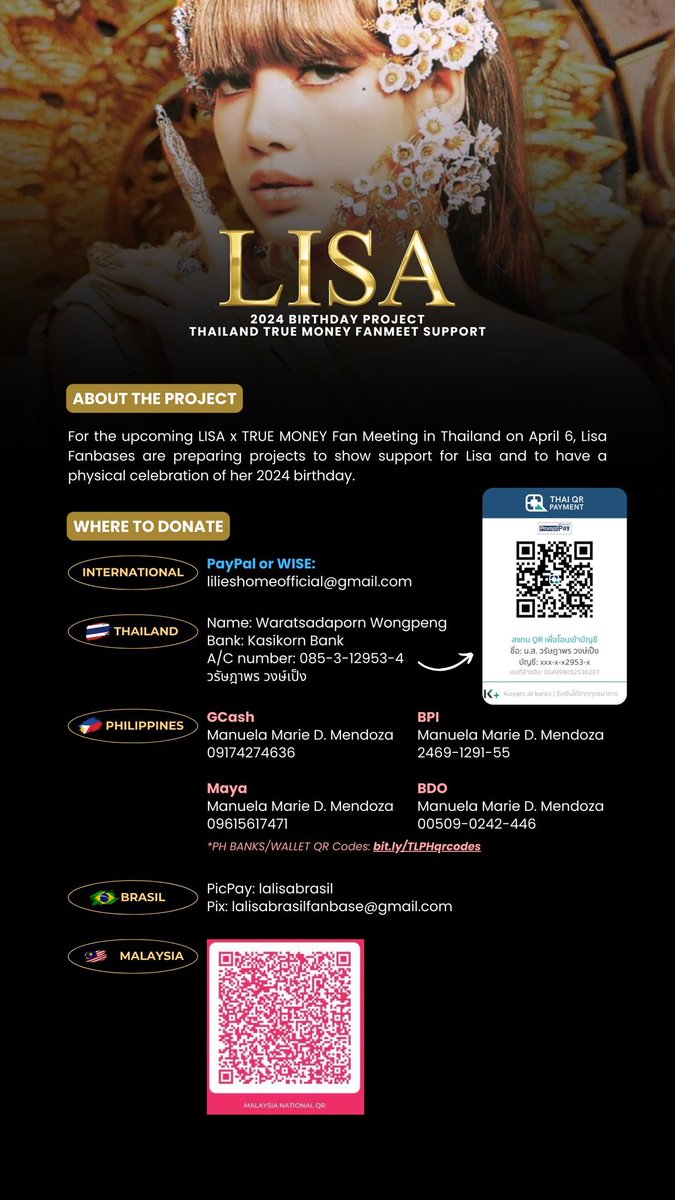 🌟LISA 2024 BIRTHDAY SUPPORT presented by LISA FANBASES🌟 🍾True Money Fan Meeting in Bangkok 🎯Target: $5,000 (เป้าหมาย 180,000 บาท) 💰 See channels for your contribution in poster below ดูช่องทางการสนับสนุนได้จากโปสเตอร์ Thank you very much. ขอบคุณค่ะ #LISA #LALISA