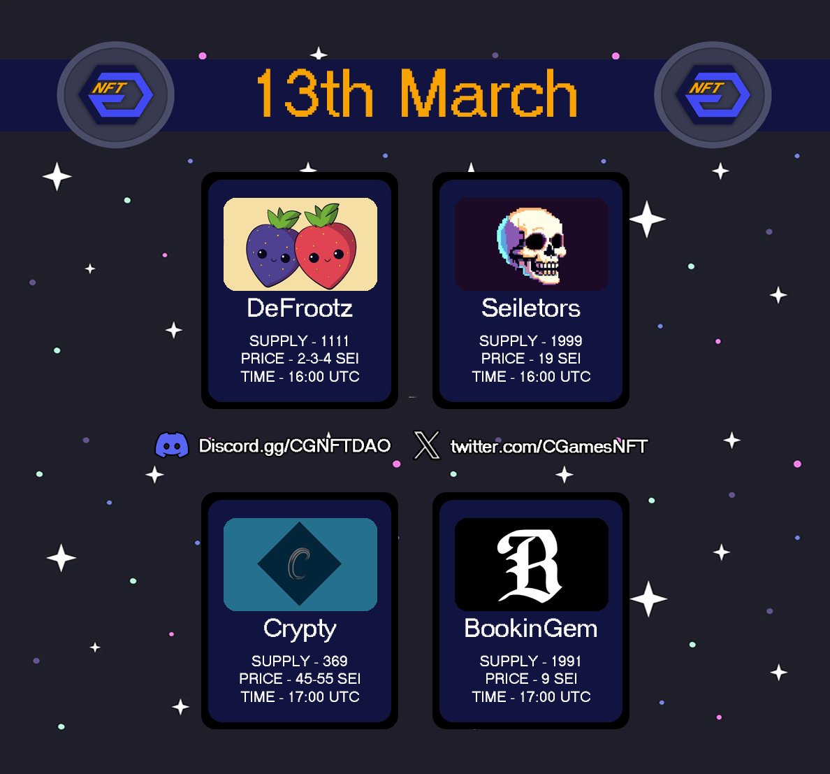 CGNFTDAO's tweet photo. | 03/13/2024 CALENDAR |

@DeFrootz - 16:00 UTC
@Seiletors - 16:00 UTC
@CryptyTech_ - 17:00 UTC
@BookinGemNFT - 17:00 UTC https://t.co/C5QBhtkoP7
