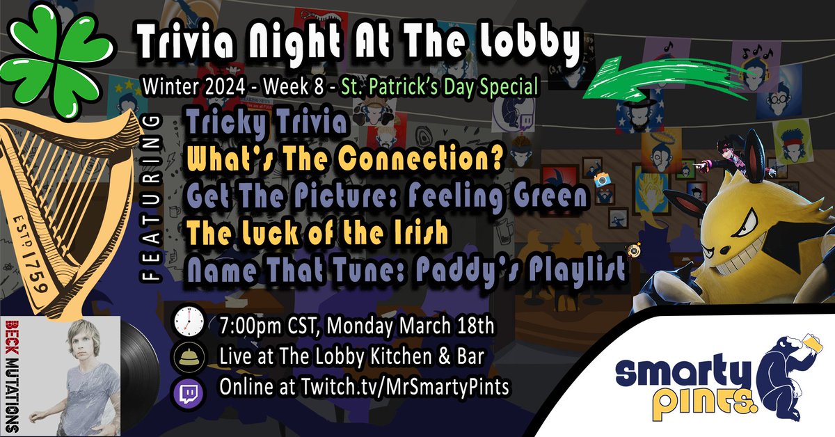 MrSmartyPints's tweet image. Happy Saint Patrick's Day! Have fun tonight but don't kill too many brain cells, you're going to need them on Monday at @thelobbykb :)

Can't make it? no worries! you can always join us online at: twitch.tv/MrSmartyPints

Free Answer: Dartmouth College