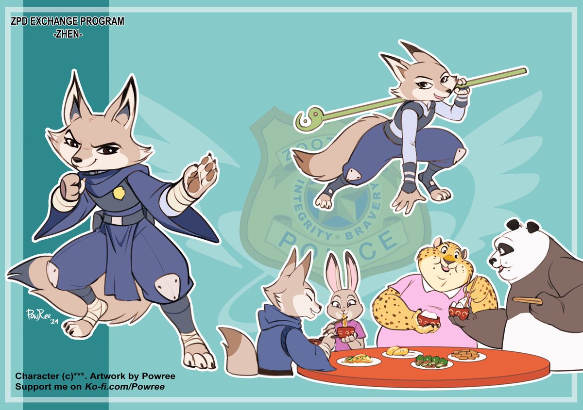 Zhen arriving at Zootopia along with her master,Po! I reckon Po would be best buddies with Clauhauser XD, visiting all kinds of restaurants. If you like this theme, please consider supporting me at ko-fi! You can get the high res file there. #zpd #kfp #zhenkfp #KungFuPanda4