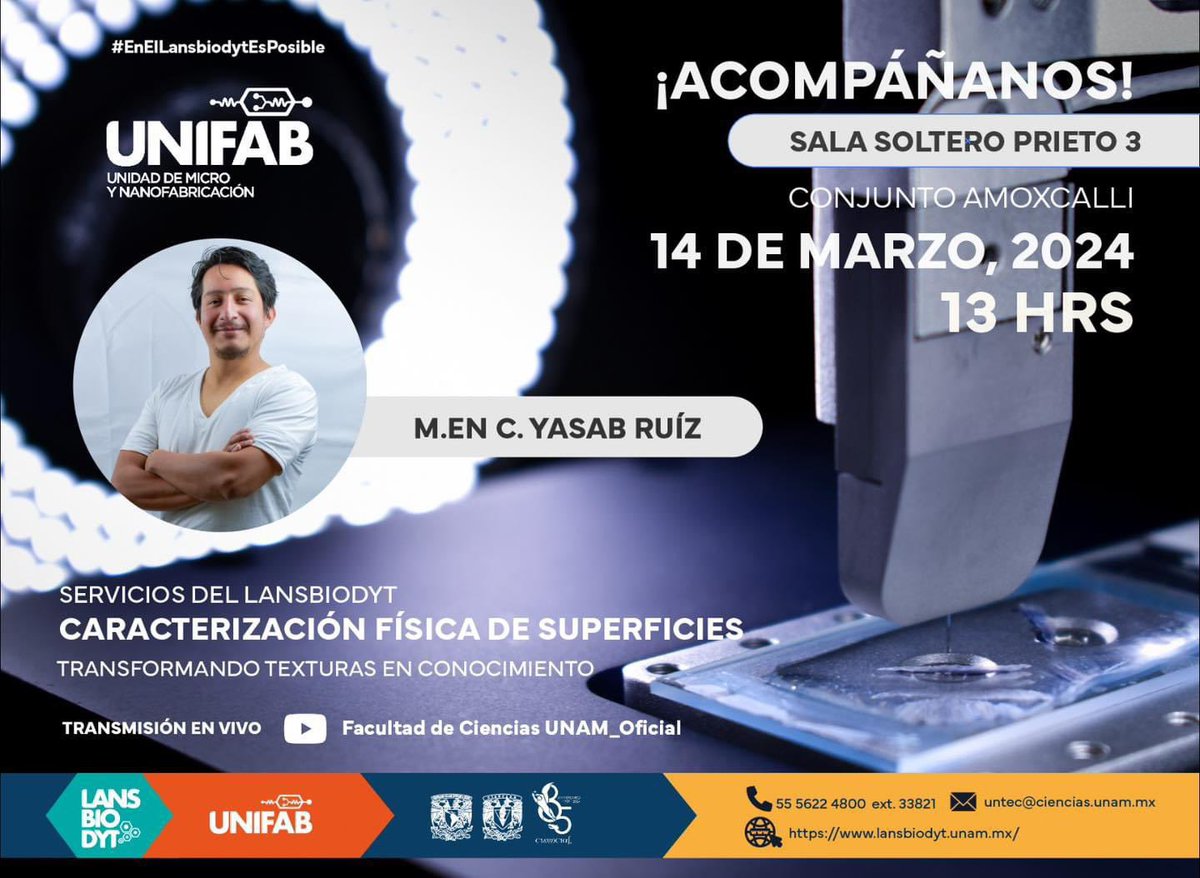 Facultad de Ciencias UNAM (@fciencias) on Twitter photo 🟠🔴 ¡Continuamos con los Seminarios <a href="/lansbiodyt/">LaNSBioDyT</a> “Caracterización de superficies” #UNIFAB
Conoce su función a partir de las interacciones entre los átomos de la punta y el material, así como su catálogo de servicios.
#EnElLansbiodytTodoEsPosible 🟠🔴 ¡Continuamos con los Seminarios <a href="/lansbiodyt/">LaNSBioDyT</a> “Caracterización de superficies” #UNIFAB
Conoce su función a partir de las interacciones entre los átomos de la punta y el material, así como su catálogo de servicios.
#EnElLansbiodytTodoEsPosible