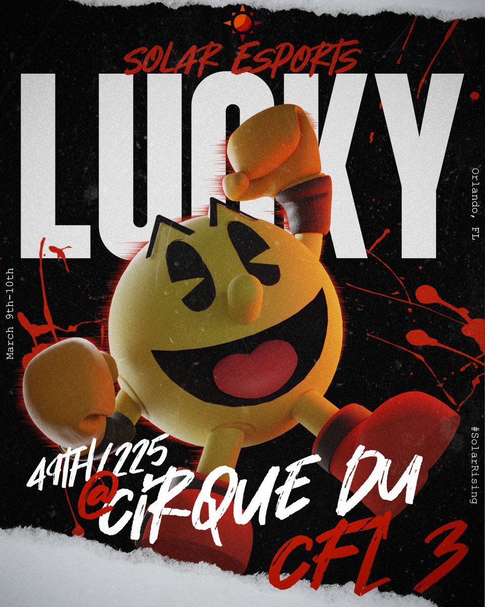 SolarEsportsSLE's tweet photo. The circus has ended and we came out on top! 🏆
Congratulations to @Lucky_ssb_ for 49th / 225 at CIRQUE Du CFL 3, even obtaining an upset on GSwizy in the process!
Shoutout to @Lattice_Studios for creating another awesome graphic!
#SolarRising https://t.co/ET94ltbMG8