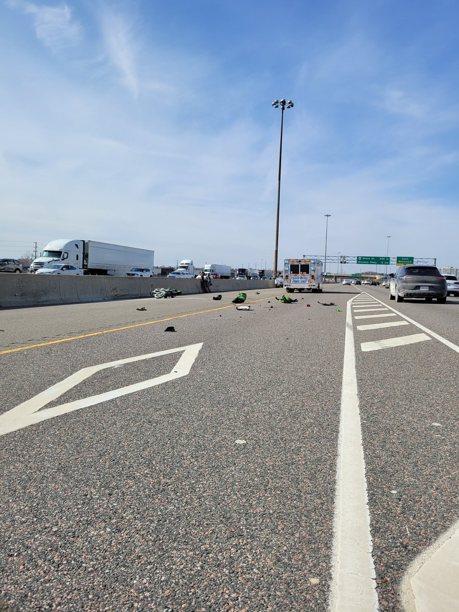 #MississaugaOPP arrested a 54-year-old Brampton resident for operation while prohibited, dangerous operation, drive while suspended and breach of probation order after crashing their motorcycle on #Hwy410 @ Clark Blvd. The rider is held in custody pending a bail hearing. ^sn