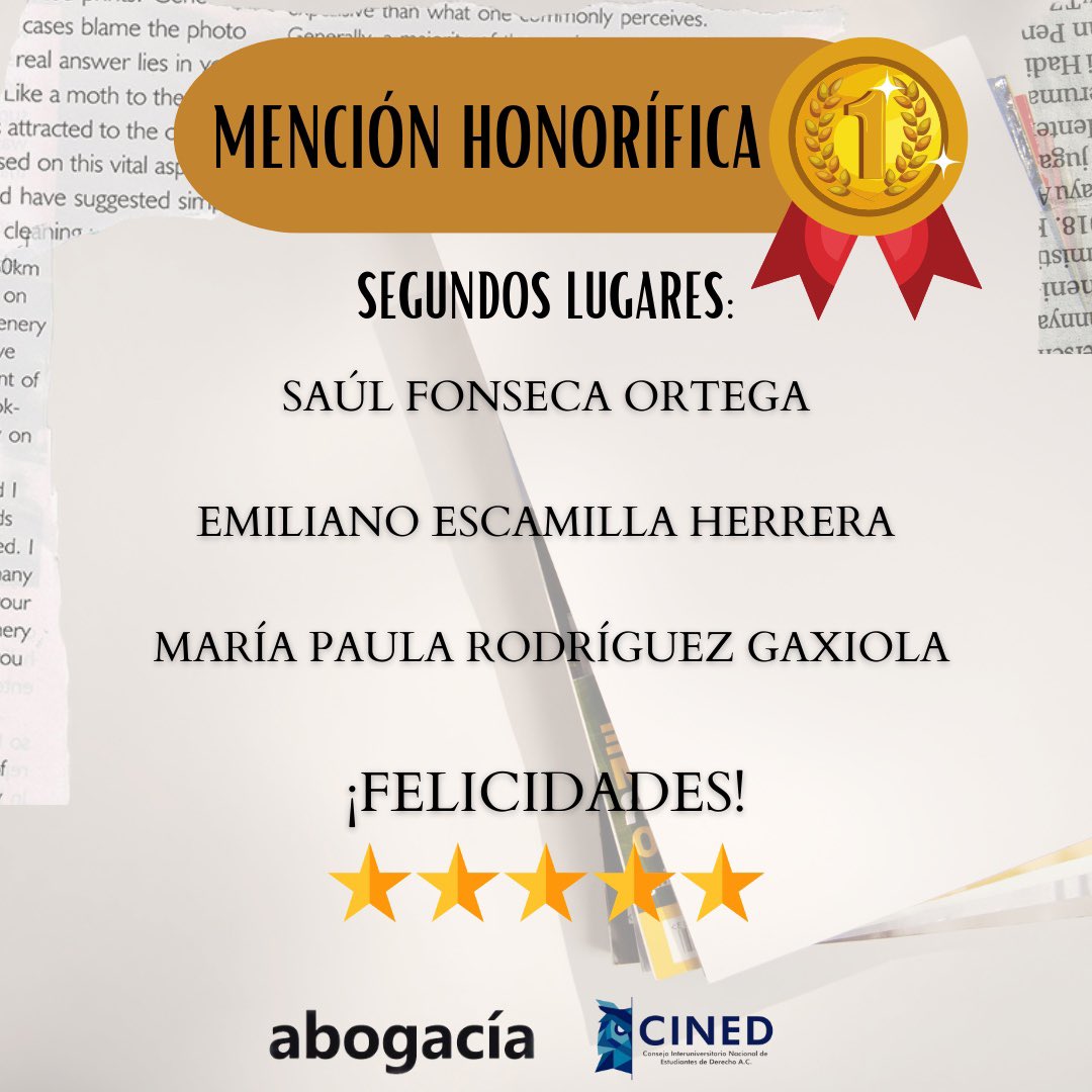 ConsejoINED's tweet photo. Resultados del “Premio Anual de Escritura” en conjunto con @revistaabogacia 

Muchas felicidades a las y los ganadores. No olviden reclamar su premio y estar pendientes de las próximas actividades para ustedes como estudiantes de Derecho 🎉🎊🎉👏🏻👏🏻 https://t.co/3bJZbT5D8F