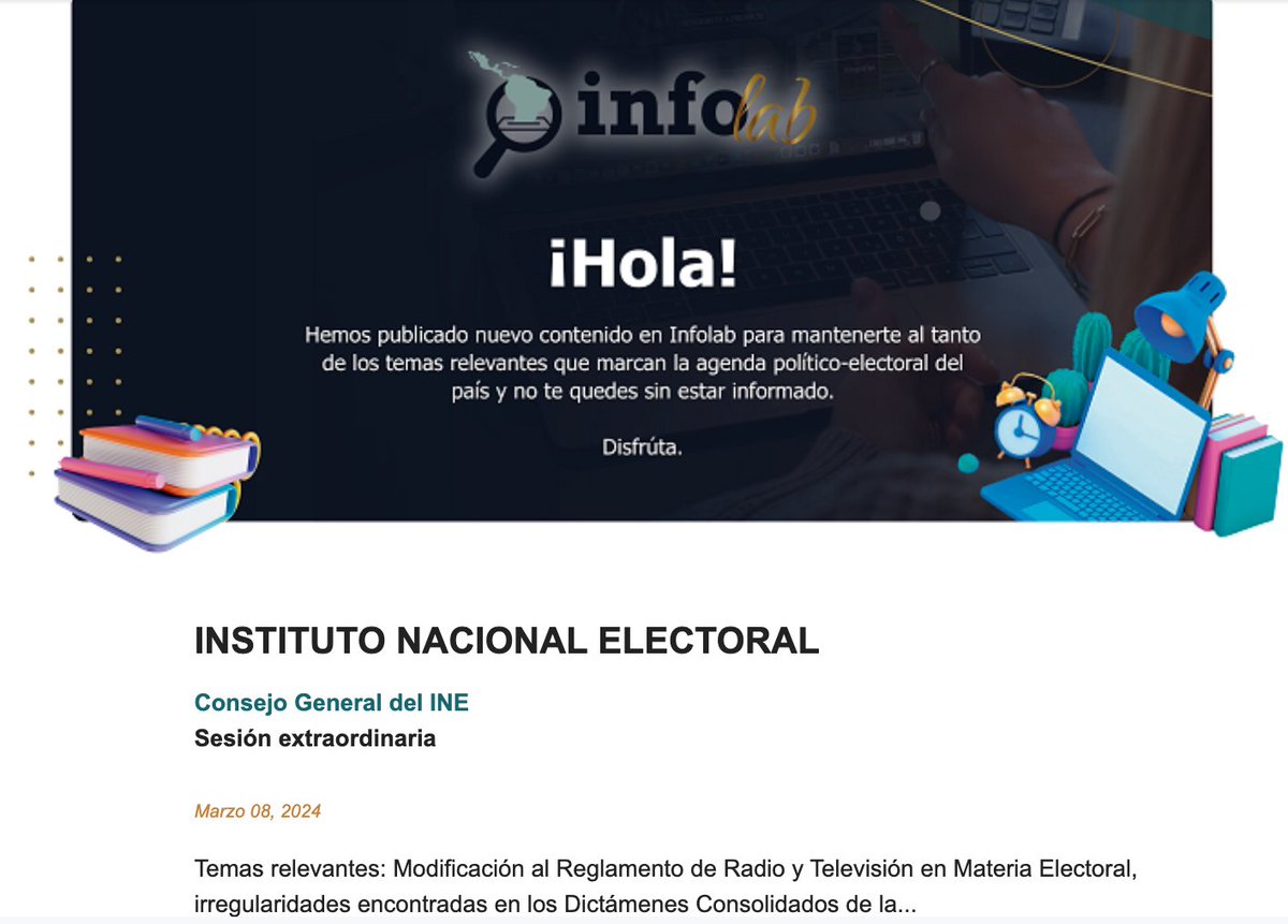 InfoLab_LE's tweet photo. 📣 ¡No te pierdas los resúmenes de las sesiones extraordinarias del Consejo General del INE y la Comisión de Quejas y Denuncias del INE! Visita nuestro sitio web en 👉 https://t.co/180oDZ83BT , suscríbete y accede a todos nuestros beneficios.
#Elecciones2024MX #Infolab https://t.co/tcXc5ty66p