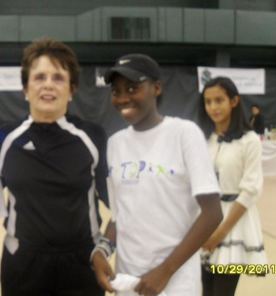 Darneshajmoore's tweet photo. @BillieJeanKing is a trailblazer &amp; has made a tremendous impact in sports, especially for women in tennis. 

Thankful to have met her during my jr career! I aspire to influence the tennis and sports community as well. Thank you again @ptrtennis  for this amazing recognition💚 https://t.co/NhxidU9iMd