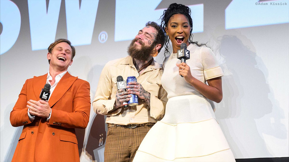 #BillyMagnussen, @PostMalone, and #JessicaWilliams share a few laughs on stage after the World Premiere of #RoadHouse at #SXSW. 🤠