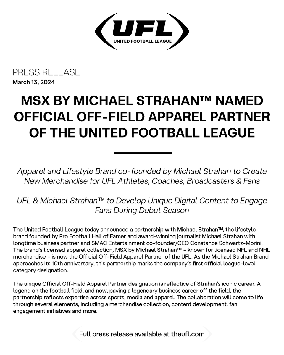 The UFL today announced a partnership with Michael Strahan™, the lifestyle brand founded by Pro Football HOF'er and award-winning journalist Michael Strahan with longtime business partner and SMAC Ent. co-founder/CEO Constance Schwartz-Morini.

Read more: theufl.com/news/2024/marc…