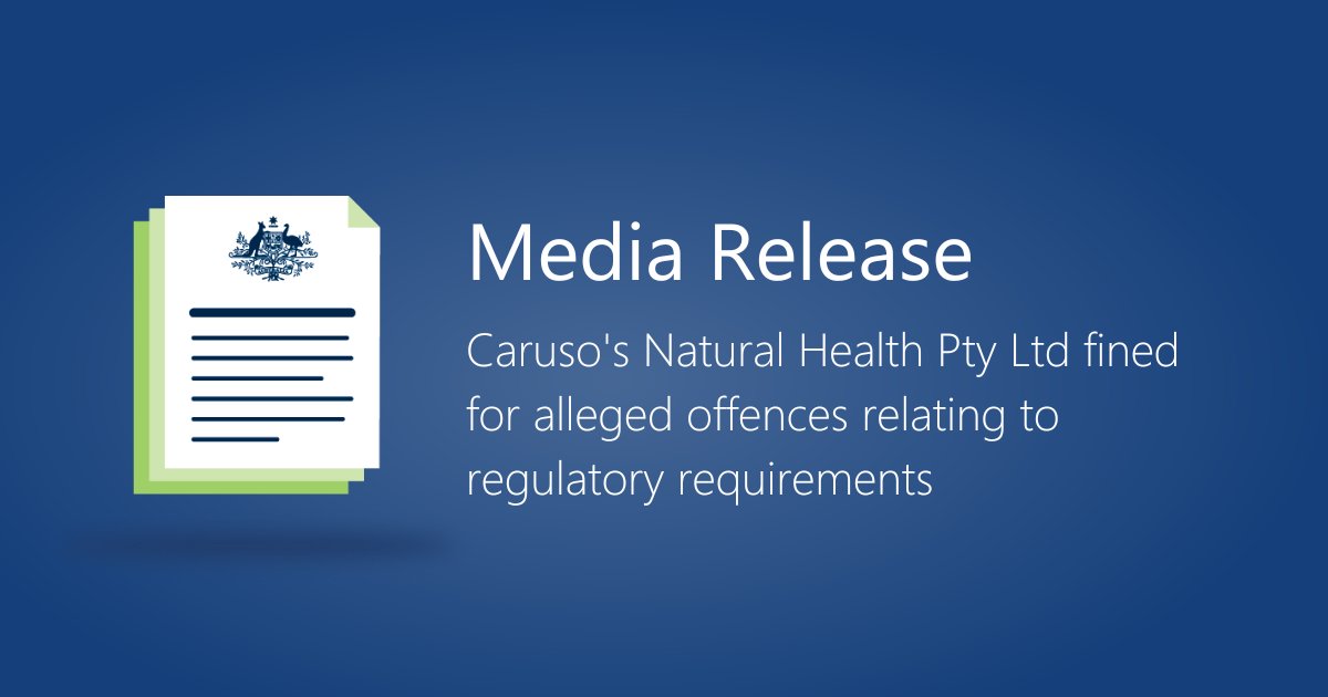 We have issued 5 infringement notices in the amount of $82,500 to the NSW based company Caruso’s Natural Health Pty Ltd, for an alleged failure to hold information or evidence to support 5 therapeutic uses in relation to 3 medicines. Read more: tga.gov.au/news/media-rel…