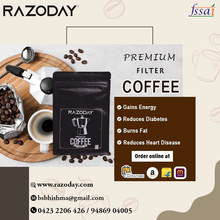 Premium Filter Coffee

#PremiumFilterCoffee #RAZODAY #RazodayPremiumFilterCoffee #premiumrangecoffee #gainsenergy #reducesalzheimers #burnsfat #heartdisease #filtercoffee #coffee #purecoffee #coffeelovers #premiumcoffeeblend #BestQualityBestPrice #orderonlinenow #tamilnadu