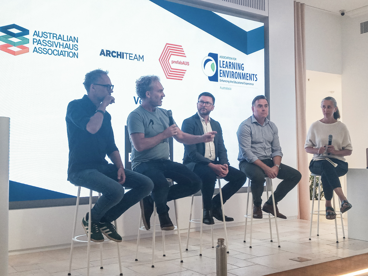 leaf_arch's tweet photo. This week, our Managing Director, Daniel Smith, represented Learning Environments Australia as a panelist at an event uniting the Australian Passivhaus Association, ArchiTeam, and PrefabAUS. The discussion focused on Passivhaus standards and air quality in learning environments. https://t.co/YzjPkWddot