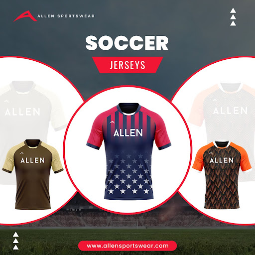 AllenSportswear's tweet photo. Score big with Allen Sportswear's premium soccer jerseys!🌟Perfect blend of style &amp; function for players and fans alike. Don't settle for ordinary –experience comfort, durability, &amp; style on the pitch! Explore our collection now!#soccerjerseys #customsoccerjerseys #soccerfashion https://t.co/Z8pWqqqfsJ