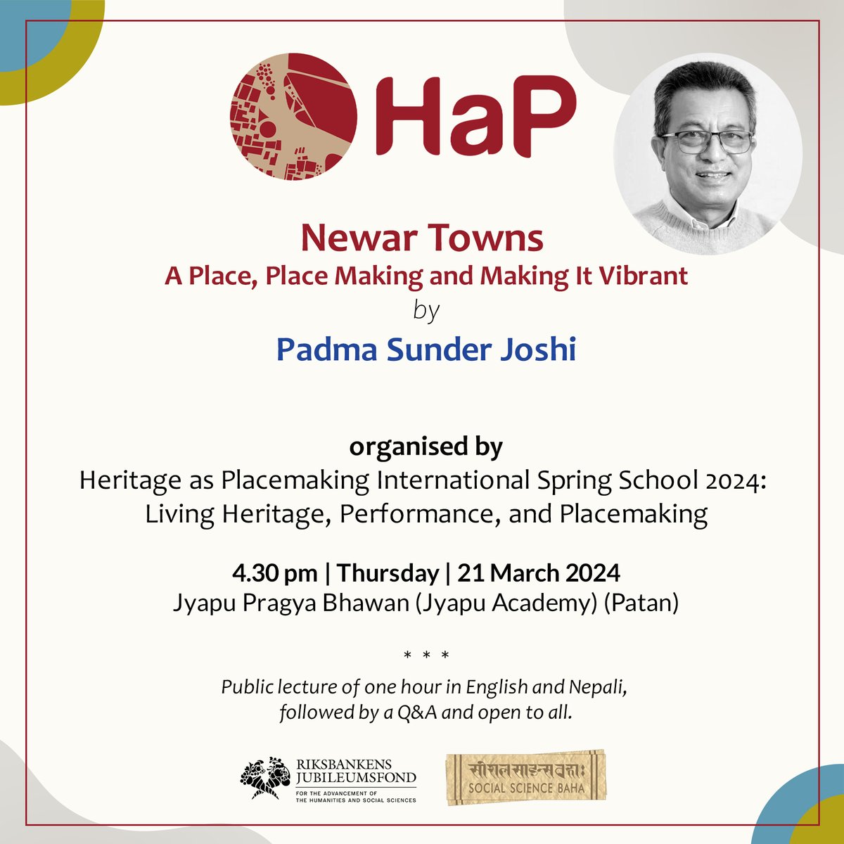 HaP at SSB cordially invites you to its public lecture titled 'Newar Towns: A Place, Place Making and Making It Vibrant' by Padma Sunder Joshi. The event will take place on 4.30pm, 21 March, 2024, at Jyapu Pragya Bhawan in Patan. For further detail: heritageasplacemaking.com/spring-school-…