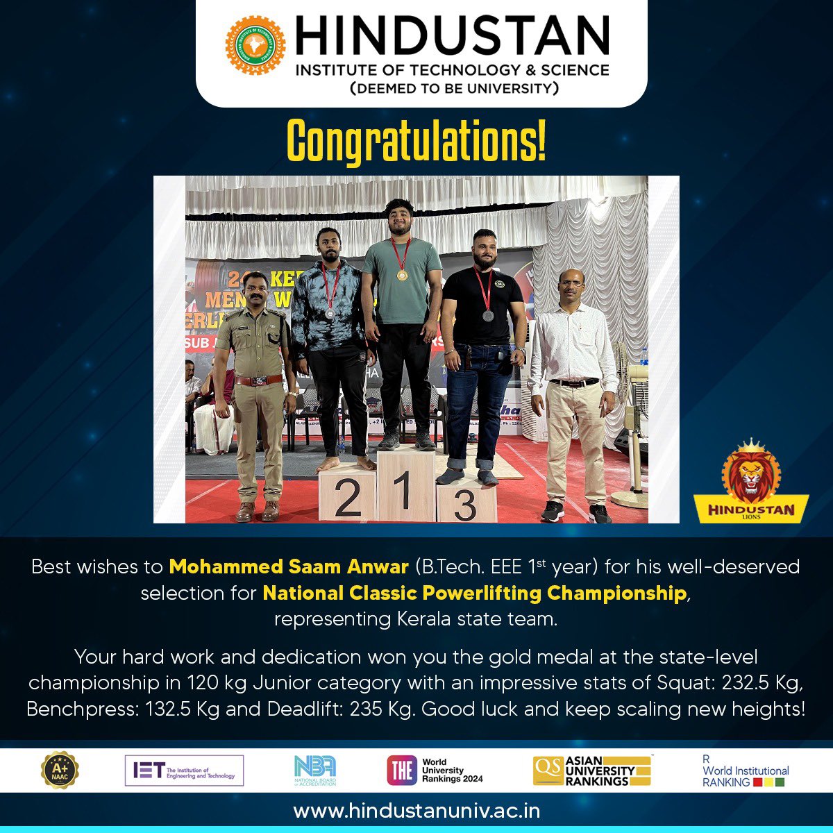 HindustanUni's tweet photo. Congrats to Mohammed Saam Anwar, 1st year https://t.co/u3ysyOawYL on winning gold at the state level powerlifting competition.

#HITS #MyHindustan #HindustanUniversity #Hindustangroupofinstitutions #growwithhindustan #dranandjacobverghese
 #Inspiration #PowerliftingChampion #HITS https://t.co/2TlWbEi3SS
