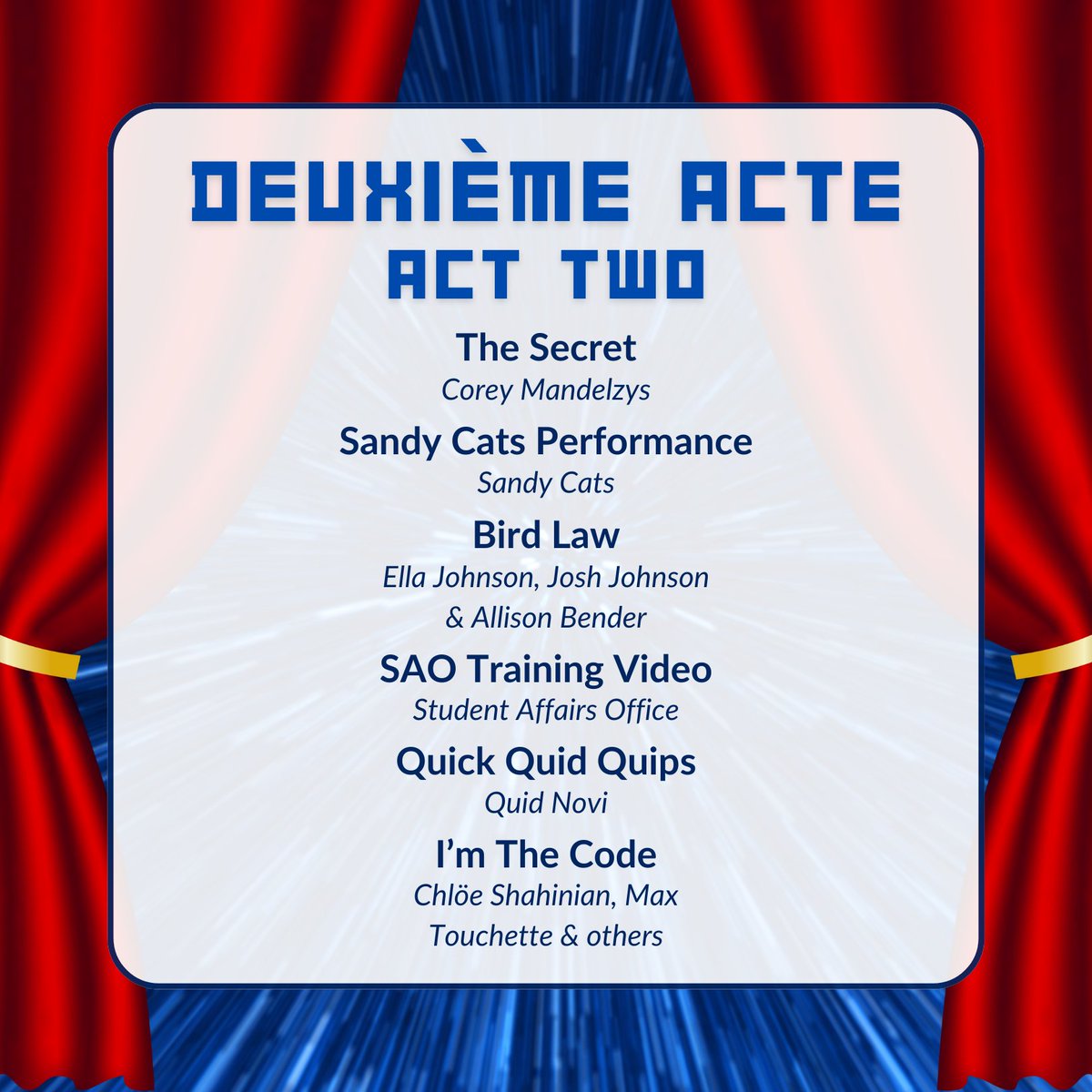 Voici le programme officiel de ce soir 🎭🎶 It's not too late to attend Skit Nite 2024 — a very limited number of tickets are available here: tickettailor.com/events/mcgillf…