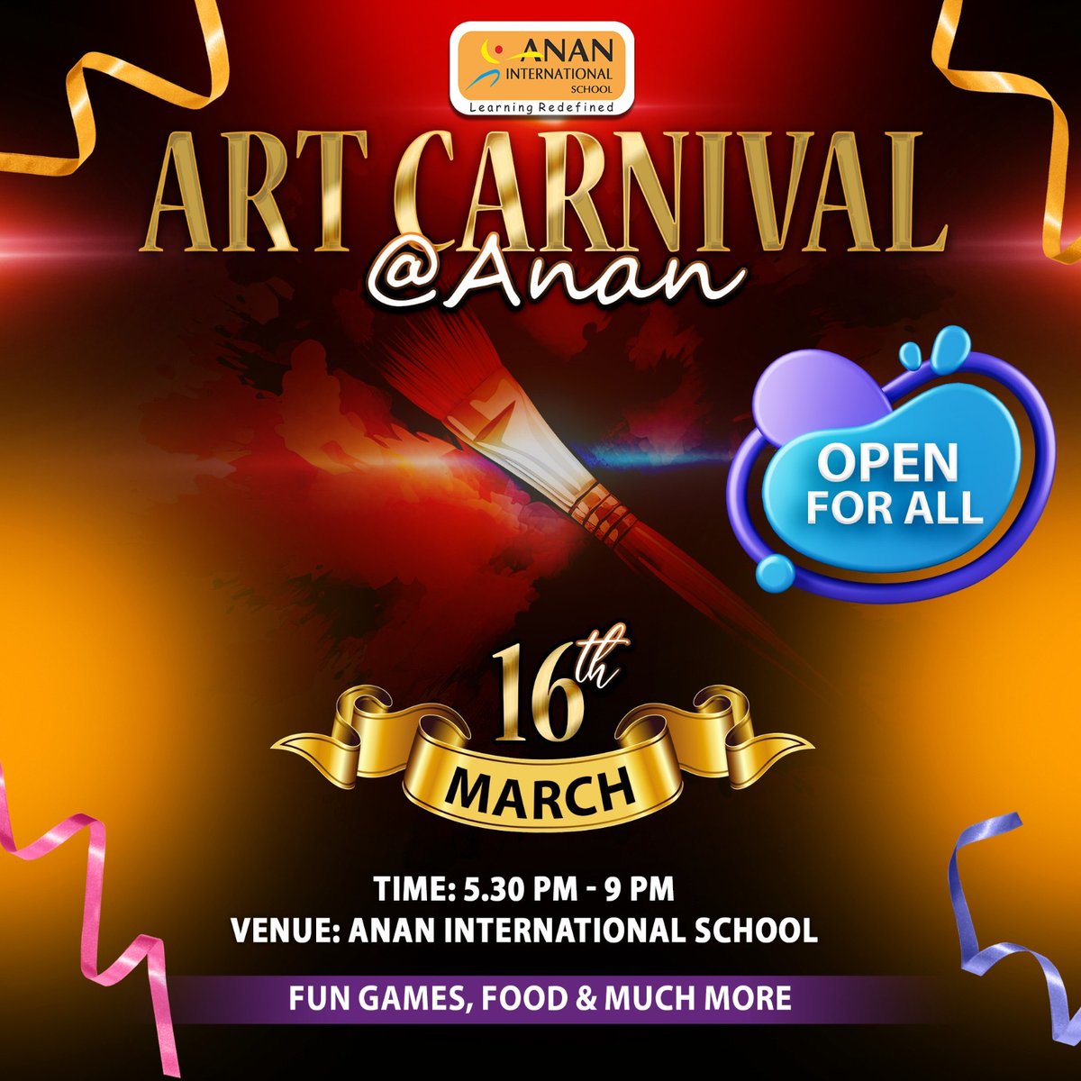 Get ready for a creative #celebration at our school's #artcarnival! Join us for a day filled with #fungames, delicious #food, and much more. #AnanInternationalSchool #creativity #art #creativekids #WelcomeAll #carnival #carnival2024