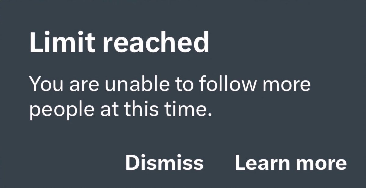 nodramadon's tweet photo. I have 12.5K Followers, while I'm Following 13.7K.
@Support determined I need more followers, so I've been receiving the #Limitreached error below since December 2023. I'm only able to follow 2 folks per day.
It has always been my practice to follow folks who follow me after I've reviewed their profile, tweets, and likes. LOL sometimes... I block folks after reviewing their profile. 👀
Clueless on how to solve this one. Has anyone else dealt with this?