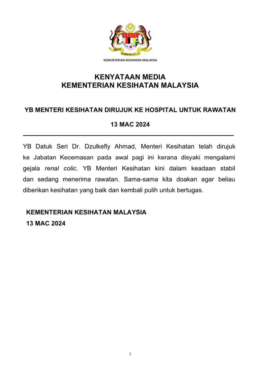 KKMPutrajaya's tweet photo. Kenyataan Media Kementerian Kesihatan Malaysia

YB Menteri Kesihatan Dirujuk Ke Hospital Untuk Rawatan https://t.co/1o27GFAWdt