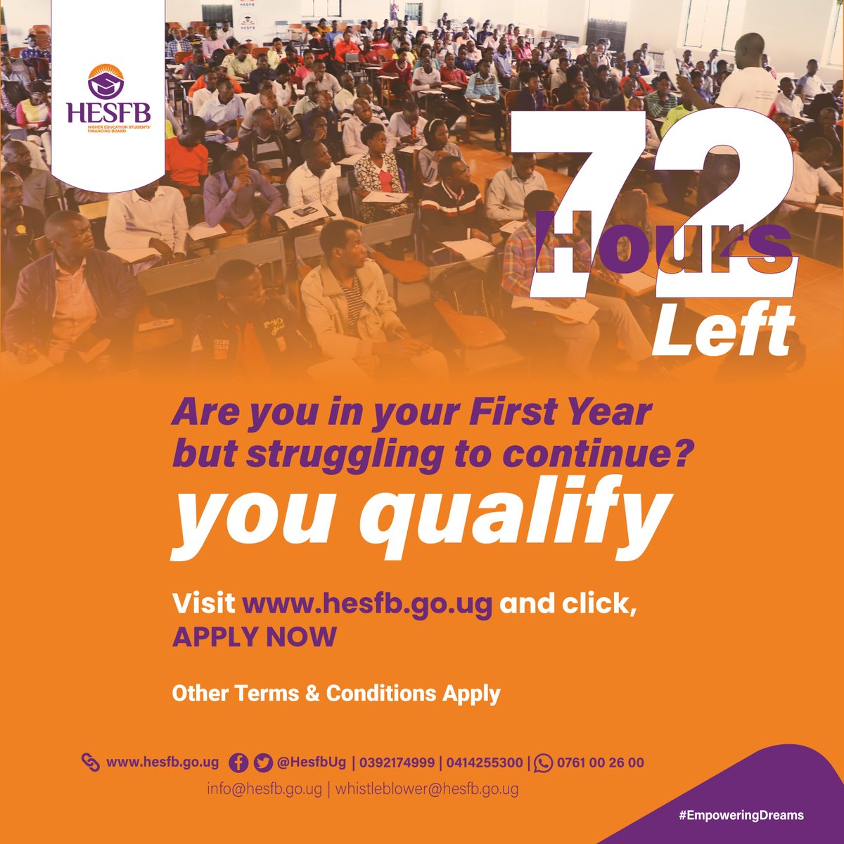 The Clock is ticking: Have you Applied yet? visit hesfb.go.ug and click APPLY NOW. #StudentLoans2024 #EmpoweringDreams