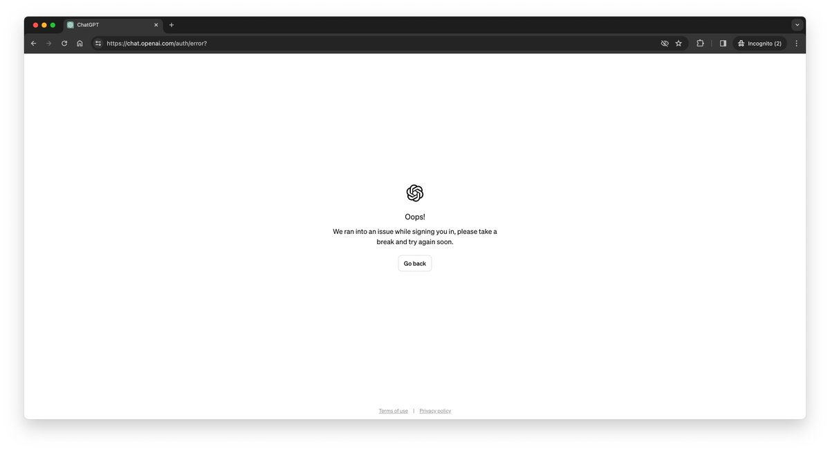 奇怪, 从昨天开始,首先Arch刷新后提示异常,用Chrome以及无痕模式登录也会这样,还以为是openAI抽风挂了就没管.

但是今天也还是这样, 就换Safari试了一下,结果发现Safari是正常的(同一台电脑).🥲
#ChatGPT4 #OpenAi