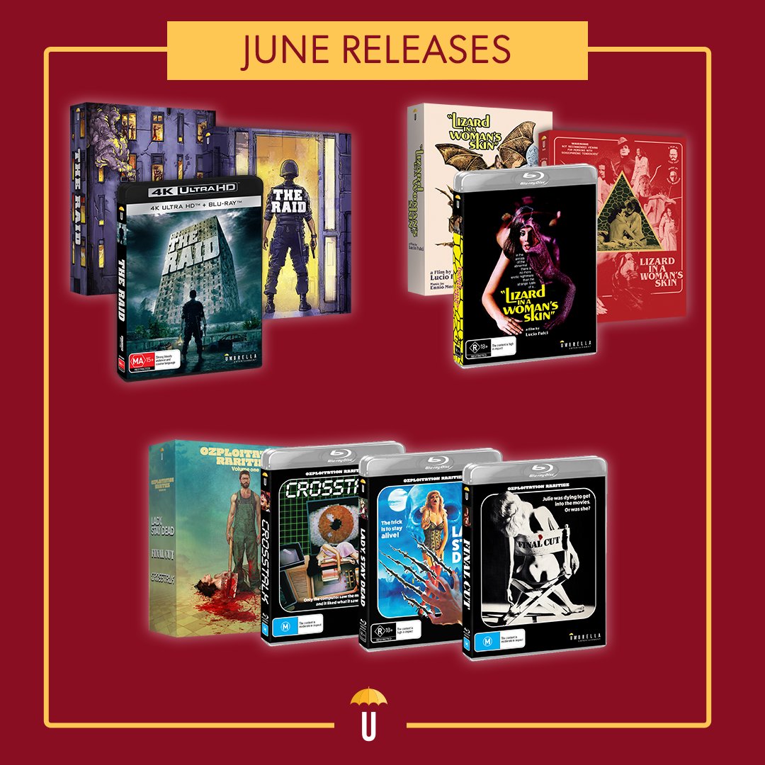 June Releases are Jaw-Dropping 😯

💿 Pre-order now: bit.ly/3wRMZSt

This month, we unleash the break-neck action THE RAID, three lost and salacious Aussie thrillers in OZPLOITATION RARITIES VOL 1, and the giallo nightmare LIZARD IN A WOMAN'S SKIN.